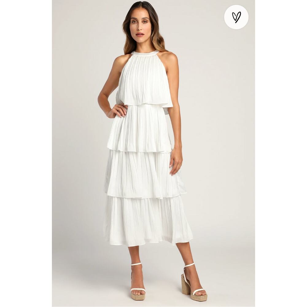 NWT Tier and Far White Tiered Pleated Halter Midi Dress Size L